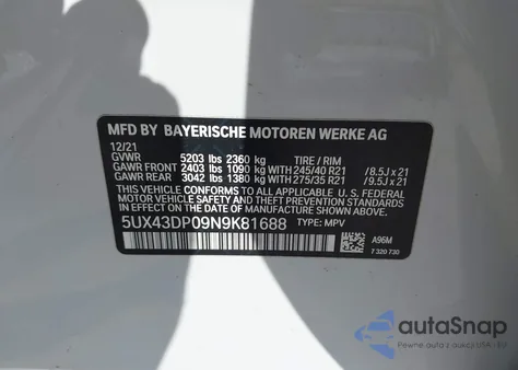 2022 BMW X3 Sdrive30I z USA, uszkodzony, nr VIN 5UX43DP09N9K81688